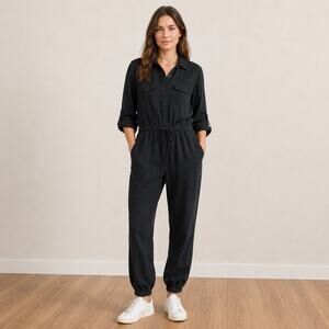 Thread & Supply Jumpsuit Womens M Black Lyocell Utility Button Front Roll Tab